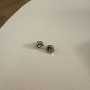 Tory Burch Silver Hexagon Logo Stud Earrings